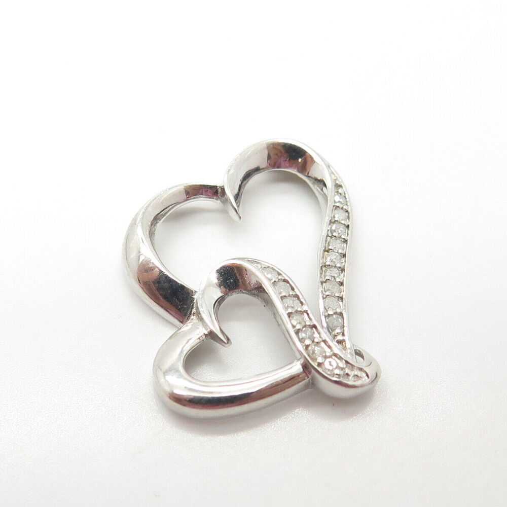 925 Sterling Silver Real White Diamond Couple of Hearts Pendant - Picture 4 of 8